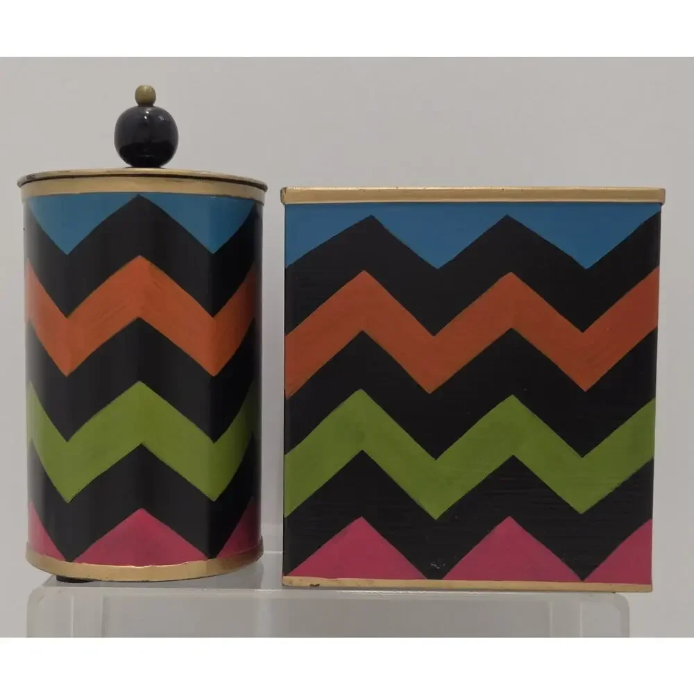 Mackenzie Childs Trampoline Boutique Set Tissue Box/Trinket Tray/ Cotton Box Set